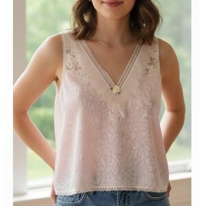 Vintage Lily of France Sleepwear Pink & Ivory Satin Lace Tank Top